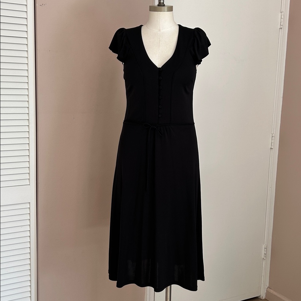 Vintage Ann Taylor Loft black flutter shoulder half button closure midi dress 4